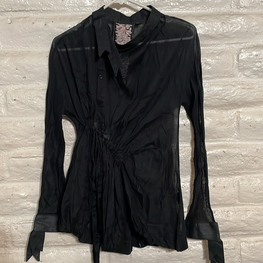 L.A.M.B. Y2K Gwen Stefani asymmetrical black semi-sheer button up top - Picture 9 of 10
